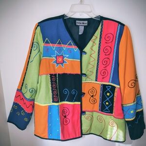 Indigo Moon Embroidered Patchwork Cotton Flax Size Large Jacket Boho Vintage